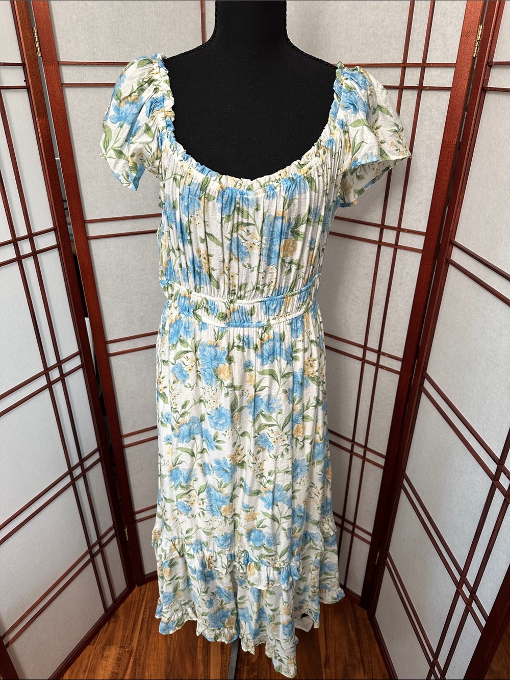 NWOT Smocked Floral Maxi Dress - Blue & White